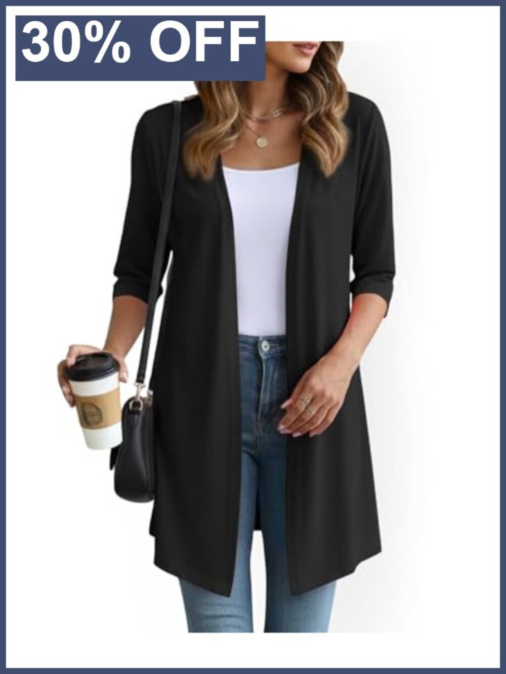 Lightweight Open Front Cardigan 3/4 Sleeve Knit Sweater for Women